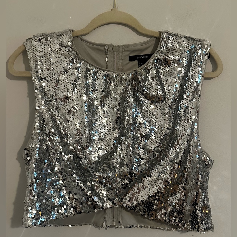 Forever 21 Silver Sequin Crop Top | Size L | Y2K Party Night Out